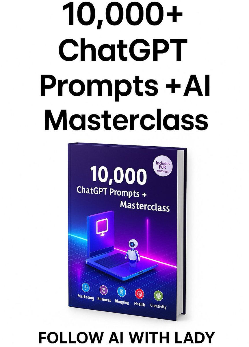 aiwithlady's tweet image. Most people don’t know how powerful ChatGPT really is.
That’s why I created “10,000+ ChatGPT Prompts + AI Masterclass” — to help you boost productivity & grow faster with AI.
💬 Comment “AI” & I’ll DM you the file (FREE for 24h)
🔁 Must follow @aiwithlady