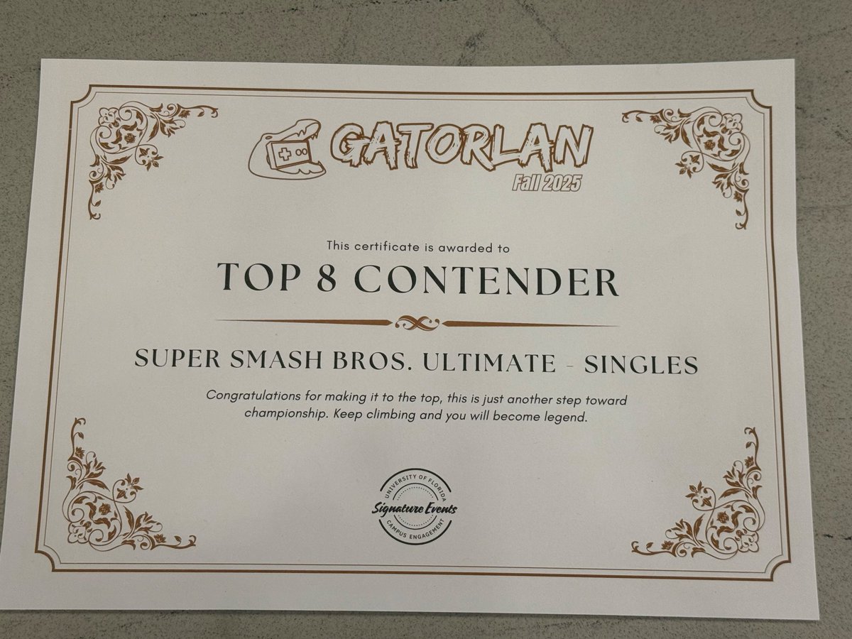 AppleSSBU's tweet image. Thank you to everyone who showed out to gatorlan today this tourney was the most meaningful event I’ve ever run. Getting 7th place is just a cherry on top of this awesome event, felt great about my play as well. Ggs to all and I’ll see everyone again for spring gatorlan 2026!