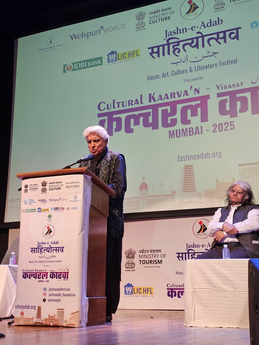 25 October 2025 की शाम,जावेद अख्तर साहब के नाम.
It was a real pleasure to meet <a href="/Javedakhtarjadu/">Javed Akhtar</a> saheb yesterday. All his film industry chelas present on the occasion, and I,indulged in some banter in the green room with him before our session.I am told the session itself went