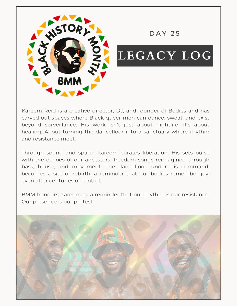 blackmeatmktuk's tweet photo. Through rhythm, we return to ourselves. Kareem Reid turns the dancefloor into a sanctuary, where Black queer men move free.
#LegacyLog #BlackHistoryMonth #BMM https://t.co/P19D5PAzuM
