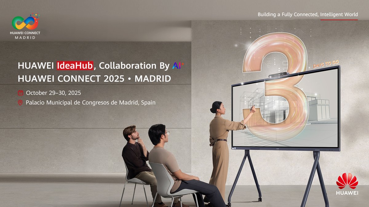 IT_Huawei's tweet photo. 3️⃣ days to go until #HUAWEICONNECT 2025 Madrid!
Get ready for the new HUAWEI #IdeaHub, designed with AI+ architecture to power smarter, greener #collaboration: https://t.co/6Rr8SBonzy 🌍✨#AllIntelligence https://t.co/4T0Rhz9CLE