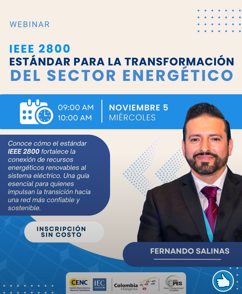 Gracias a <a href="/colombiaintelig/">Colombia Inteligente</a>  por la invitación a dictar un webinar con el tema del #Estándar #IEEE2800.
Expondremos los requisitos técnicos del estándar para integrar Recursos Basados en Inversores #IBR en la #Red de #Transmisión.
Inscripciones:
👇
forms.office.com/r/072z6mD9Cu