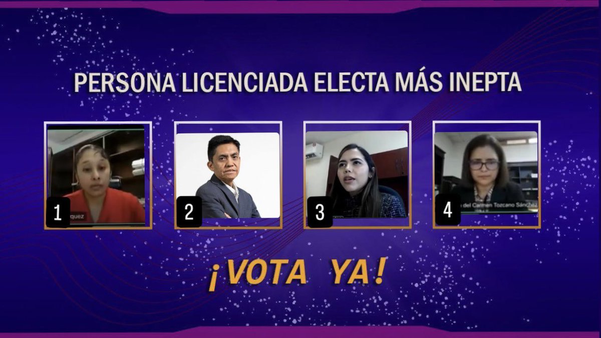 1. Viridiana. No necesita presentación.

 2. Salvador alias el profe: durmió agusto mientras tenía un exhorto de libertad.

3.  Francelia. Va por el bicampeonato. 
Desconoce la técnica del amparo.

4. María Tozcano. Cree que sigue en finanzas. Vota 🆚 constancias y jurisprudencia