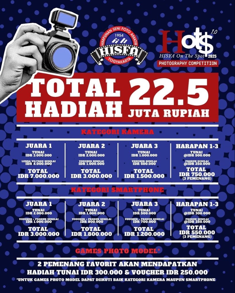 event_Jog's tweet image. LOMBA FOTO HISFA On The Spot (HOTS)

💵 Total hadiah Rp22.500.000,00

🗓 Minggu, 26 Oktober 2025
⏰ Jam 10:00 - selesai
📍 Jogja City Mall ( JCM ) 

#HISFA
#HISFAJogja
#HOTS2025
#HISFAonTheSpot
#HISFAhut71