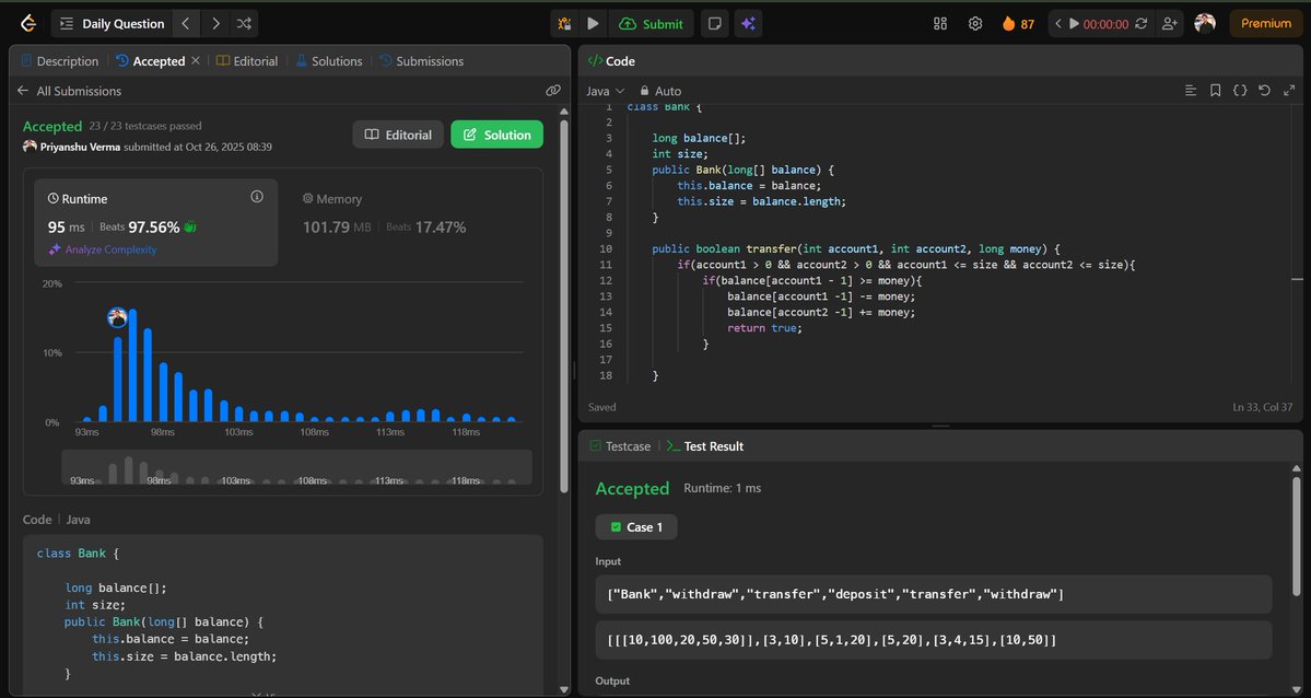 PriyanshuV82847's tweet image. Day 29/100 ✅ LeetCode POTD (Medium)

Simple Bank System 💳

Object-oriented simulation problem — implemented deposit, withdraw &amp;amp; transfer methods 🔁
Loved the simplicity + structure of this one 👏
Streak: 🔥 87 days strong

#LeetCode #100DaysOfCode #OOP #ProblemSolving