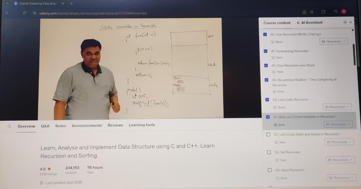 alamtaufeeq854's tweet image. 🎓 Week 1 of my DSA journey!
Started @udemy's “Mastering Data Structures & Algorithms using C & C++”.
Revisited arrays, pointers, recursion & OOP with fresh clarity.
Next: sorting & real DSA problems!
🔗 github.com/alamtaufeeq854…
#DSA #Cpp #100DaysOfCode #LearnToCode #code #cs #c