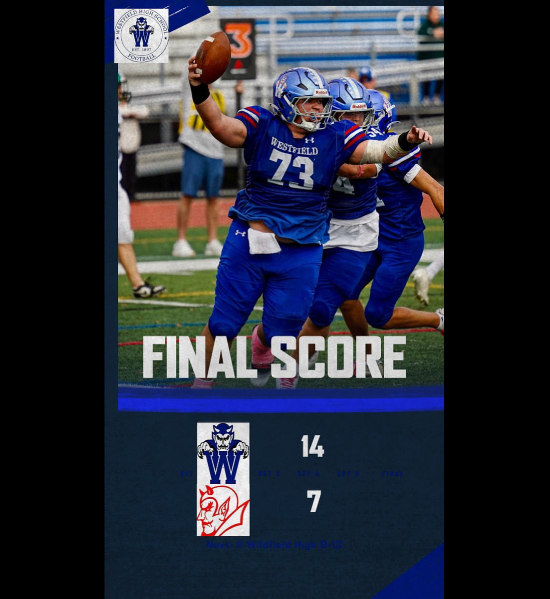 🚨 UPSET ALERT 🚨 

Westfield Blue Devils 14
Ridge Red Devils  7

#Team128 #GCR #BCR