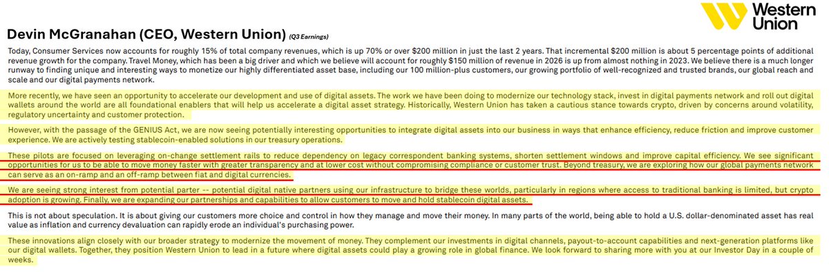 So looks like Western Union is going to take the swing at pivoting into a global fiat &lt;-&gt; stablecoin on/off ramp
&gt; Currently running trials across markets and testing w/ their treasury solutions
&gt; Have a partner (+partners) lined up to focus on serving underserved geos w/ limited
