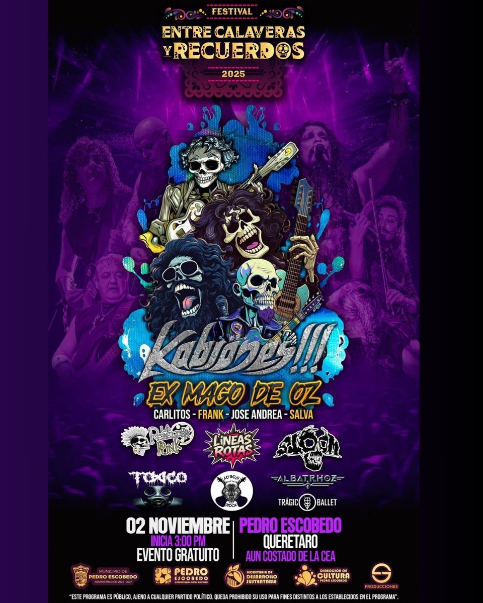 ADQueretaro's tweet photo. 🔥💀 Este 2 de noviembre el rock revive en Pedro Escobedo con #Kabrones!!! (Ex #MagodeOz) y grandes bandas. 🎸
💥 Desde las 3:00 PM, ¡vive el #Festival Entre Calaveras y Recuerdos 2025!
🎶 Evento gratuito ⚡
#Rock #diversion #conciertos https://t.co/uTPxSVPYfc