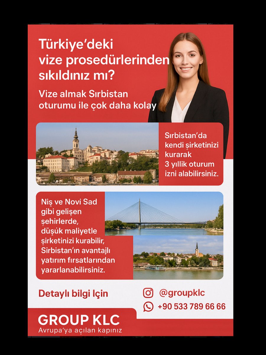 Sırbistan’da 3 yıllık oturum,
Ön ödeme sadece 200 Euro,
Kalanı şirket oturum için parmak izinde.
işlemleri başlatmak için gelmenize gerek yok.
Sizi de Avrupa’nın kapısına taşıyalım.
Üstelik Buradan Schengen Vizesi Almak
Türkiye'den Çok Daha Kolay.
+90 533 789 66 66 #Schengen