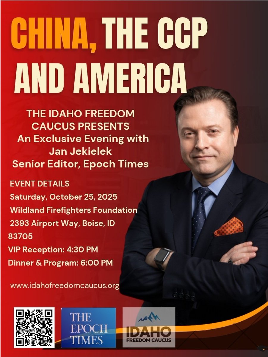 🎉 Tonight’s the Night!
We’re so excited to welcome everyone to the Idaho Freedom Caucus Dinner featuring Jan Jekielek from The Epoch Times and American Thought Leaders!

📍 Location: Wildland Firefighters Foundation
2393 Airport Way, Boise, Idaho
Please note this updated address