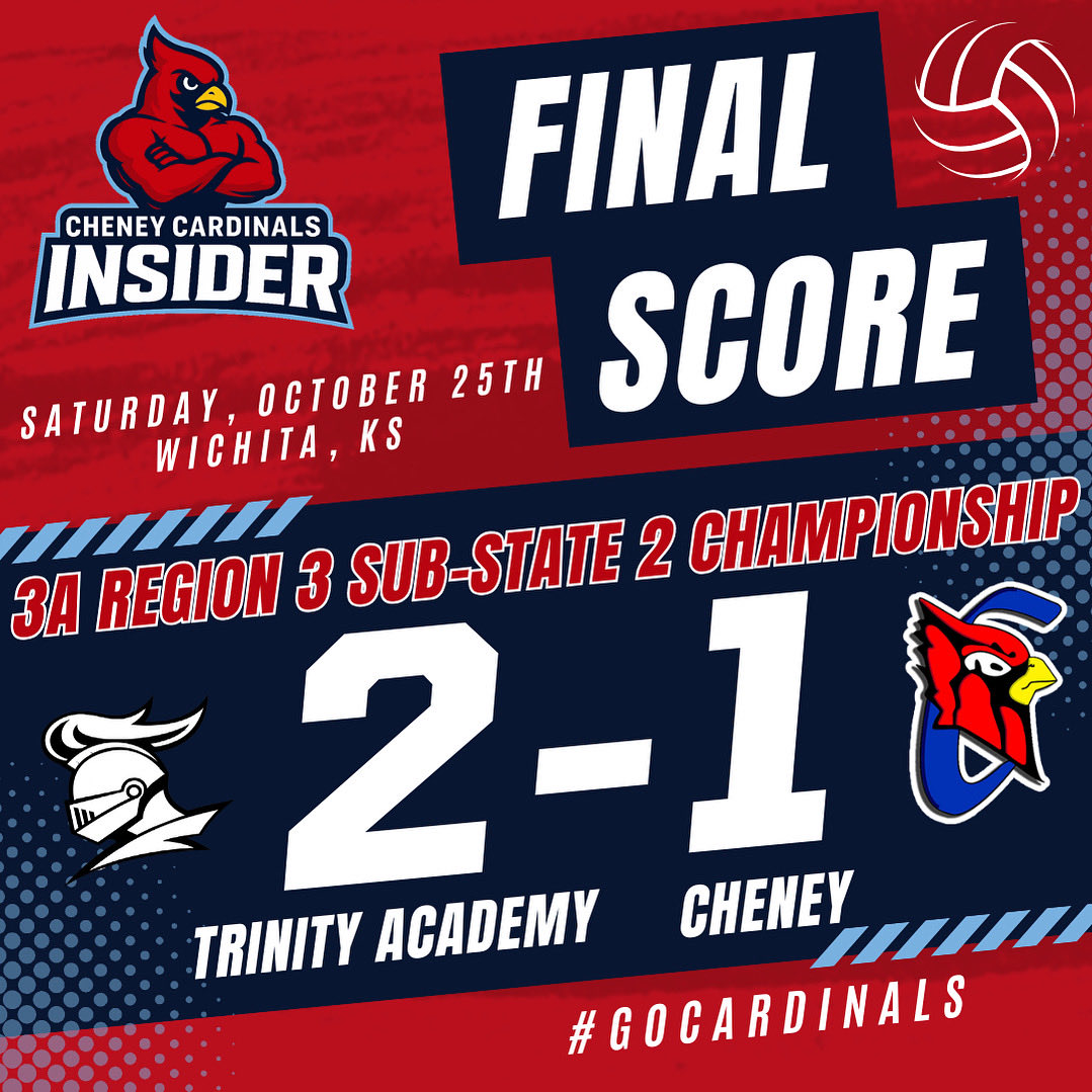 cheneycards's tweet image. 🏐 FINAL – Sub-State Championship
Cheney falls to Trinity in 3 sets, 2-1 (26-24, 20-25, 26-24).

The Cardinals finish as Sub-State Finalists after a hard-fought postseason run. 🔴🔵⚪

Thank you to Cardinal Nation for the support all season! ❤️
#GoCardinals #KSHSAA #SubState