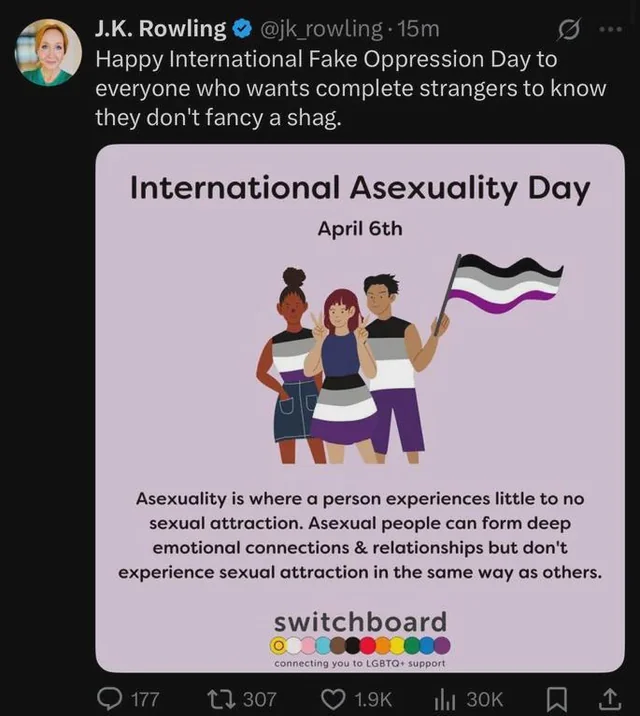 SaraLuvsDisney's tweet photo. Earlier this year, JK Rowling was openly acephobic. Well...on this last day of #AceWeek, some not so great, but important things to remember. Aces can experience:
- bias and exclusion
- harassment
- high rates of conversion therapy
Learn more here: https://t.co/V5aOk47X7u https://t.co/B7RPA1ghmj