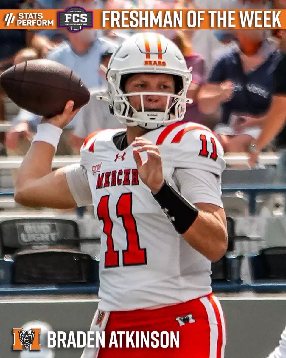 Mercer’s QB Braden Atkinson (<a href="/Braden_Atkinson/">Braden Atkinson</a>) was spot on today against VMI

29/35 538 (!!) yards 5 touchdowns

<a href="/BraydensmithMU/">Brayden Smith 9️⃣</a> with 9 catches for 155 yards and 2 TD’s on the day too