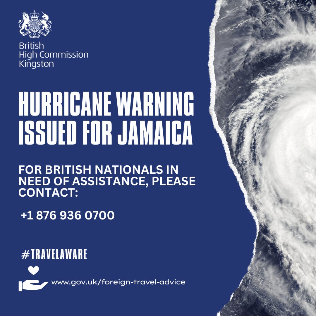 ⚠️ #HURRICANE WARNING ISSUED FOR JAMAICA!
✅ Sign up for &amp; monitor FCDO 🇬🇧 travel alerts for the latest updates &amp; safety information.
🔗 Learn more at gov.uk/foreign-travel…
📞 If you’re in #Jamaica, contact Consular Support at 876-936-0700 (Select Option 2). 

#StaySafe 💙
