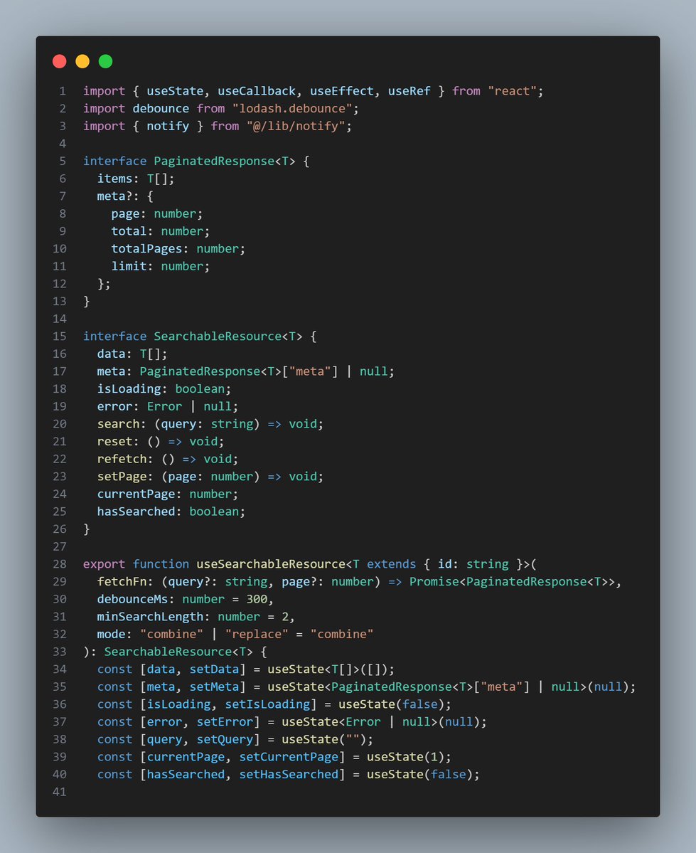 Ogedi_01's tweet image. 🧵 1/7
🧩 Built a reusable React + TypeScript hook today:
 useSearchableResource()
A clean way to handle async search, pagination, debounce, and caching — all in one place.
Here’s how it works 👇
#React #TypeScript #BuildInPublic