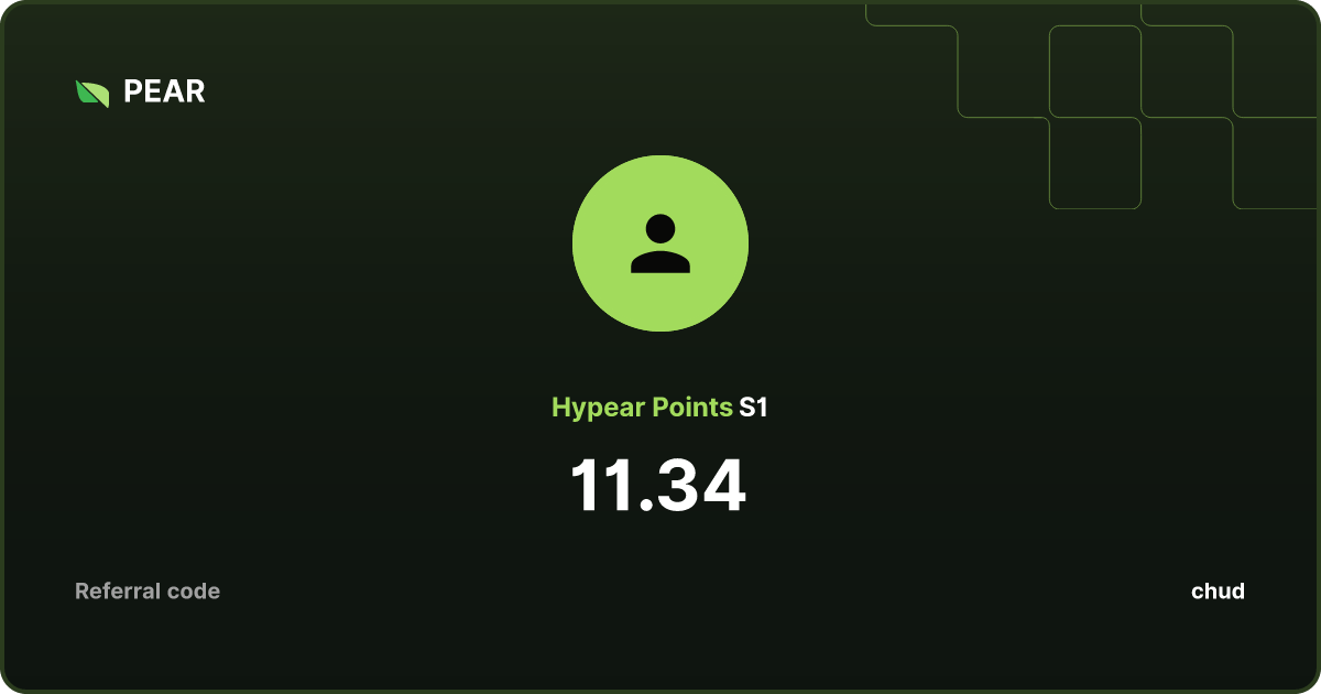 0xasrequired's tweet image. I got a total of ~30 HYPE from @pear_protocol's hypear S1 and I hear S2 has a lot more HYPE
an easy strat is to just take agent pear's trades (which surprisingly perform really well) and trade @tradeperps assets when they're live
hypear HYPE airdrop + HL S3 + unit + some gainsโฆ
