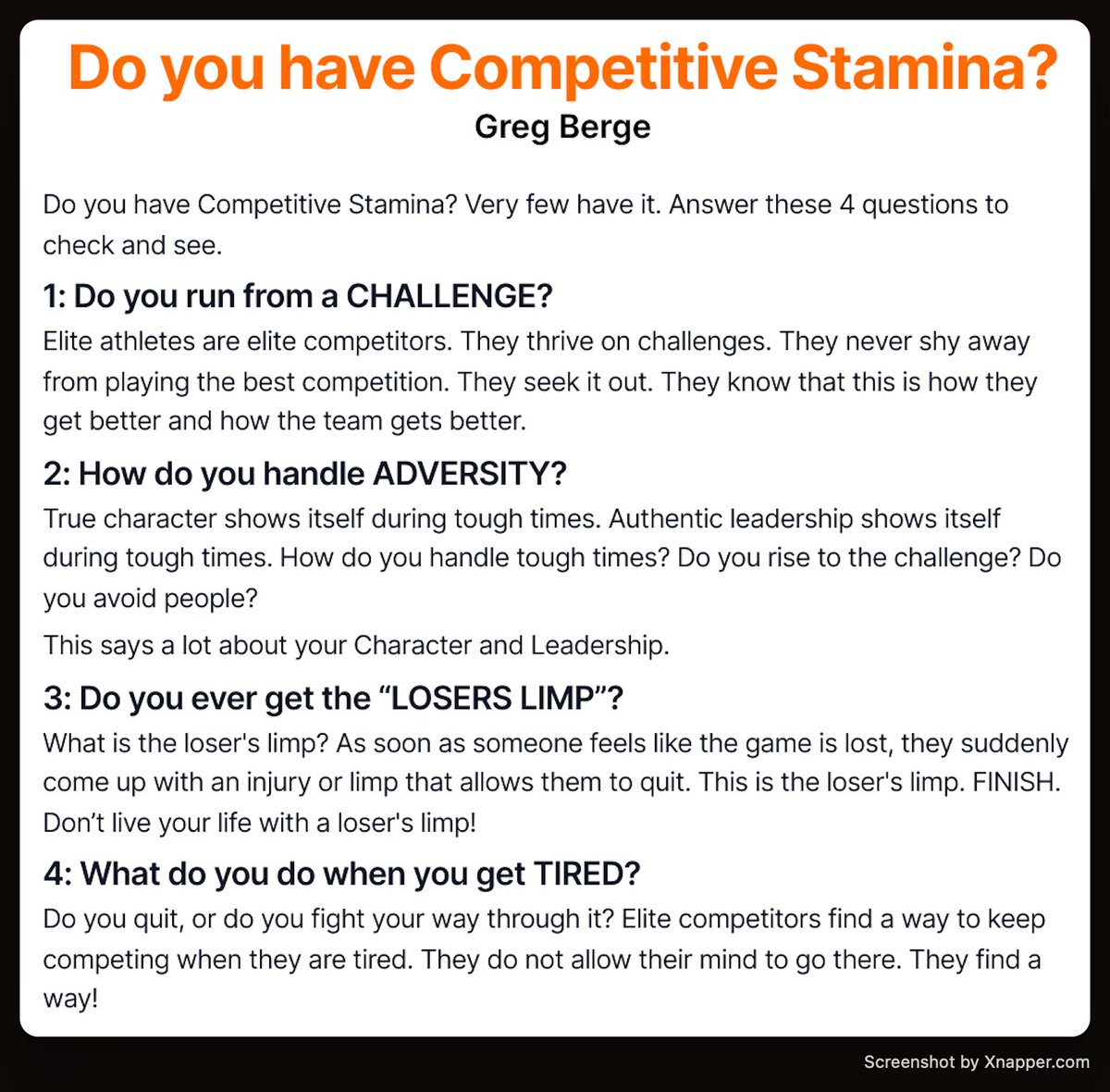 Anyone can compete when it’s easy.
The great ones compete when:

- The challenge is big
- Adversity hits
- Excuses are tempting
- They’re exhausted

That’s Competitive Stamina.