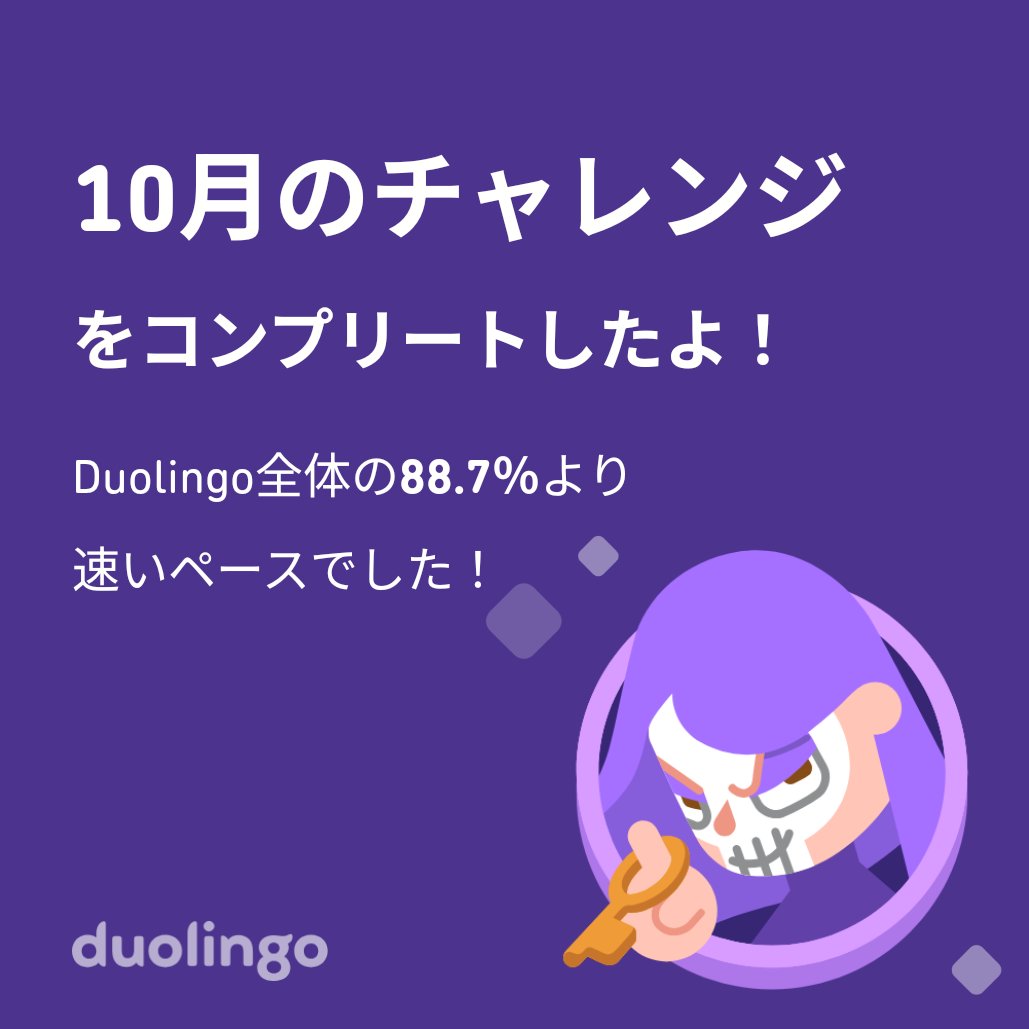 perio0221's tweet photo. Duolingo全体の88.7％より速く10月のチャレンジをコンプリートしたよ！ https://t.co/8yd0fvkdAT