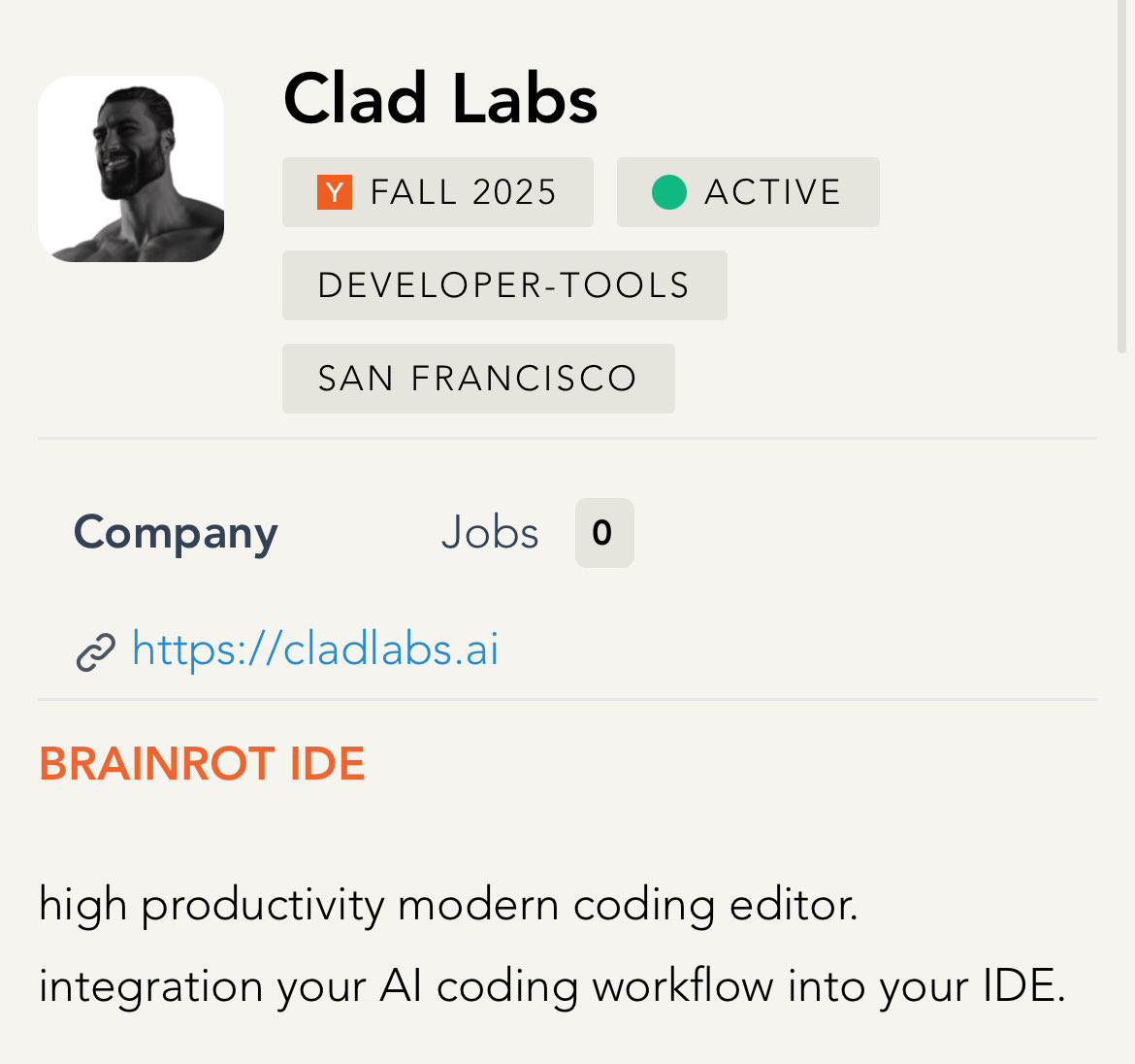 gauravsbuilding's tweet image. officially found the dumbest yc company of all time.
they built “brainrot ide” so you can code while watching youtube or gambling online.
the logo is literally the giga meme.
we are so back.