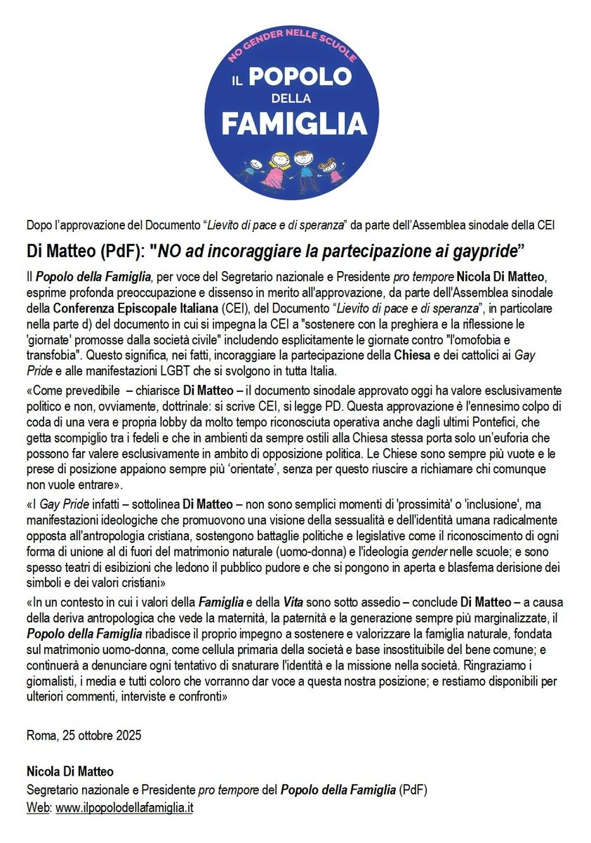 Nicola DI MATTEO
(Segretario del #PopolodellaFamiglia):
«L'impegno della #CEI a "sostenere con la #preghiera le giornate contro #omofobia e #transfobia" significa incoraggiare la partecipazione della #Chiesa e dei cattolici ai #GayPride e manifestazioni #LGBT in tutta #Italia».
