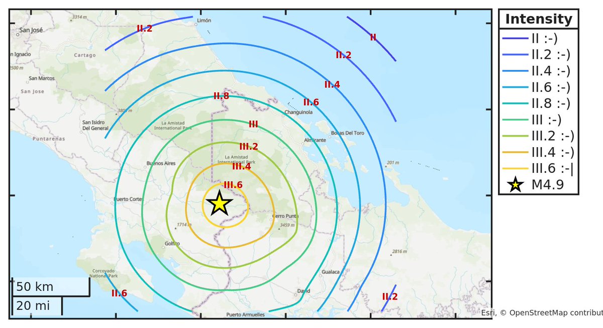 SismoDetector's tweet photo. Mapa de intensidad del #sismo M4.9 ocurrido a las 23:45:13 (UTC) con epicentro a 44 km de #Golfito, CostaRica. Descarga la app Sismo Detector desde https://t.co/jS9crK4Riw para recibir alertas en tiempo real en tu smartphone https://t.co/I5mb4MroTV