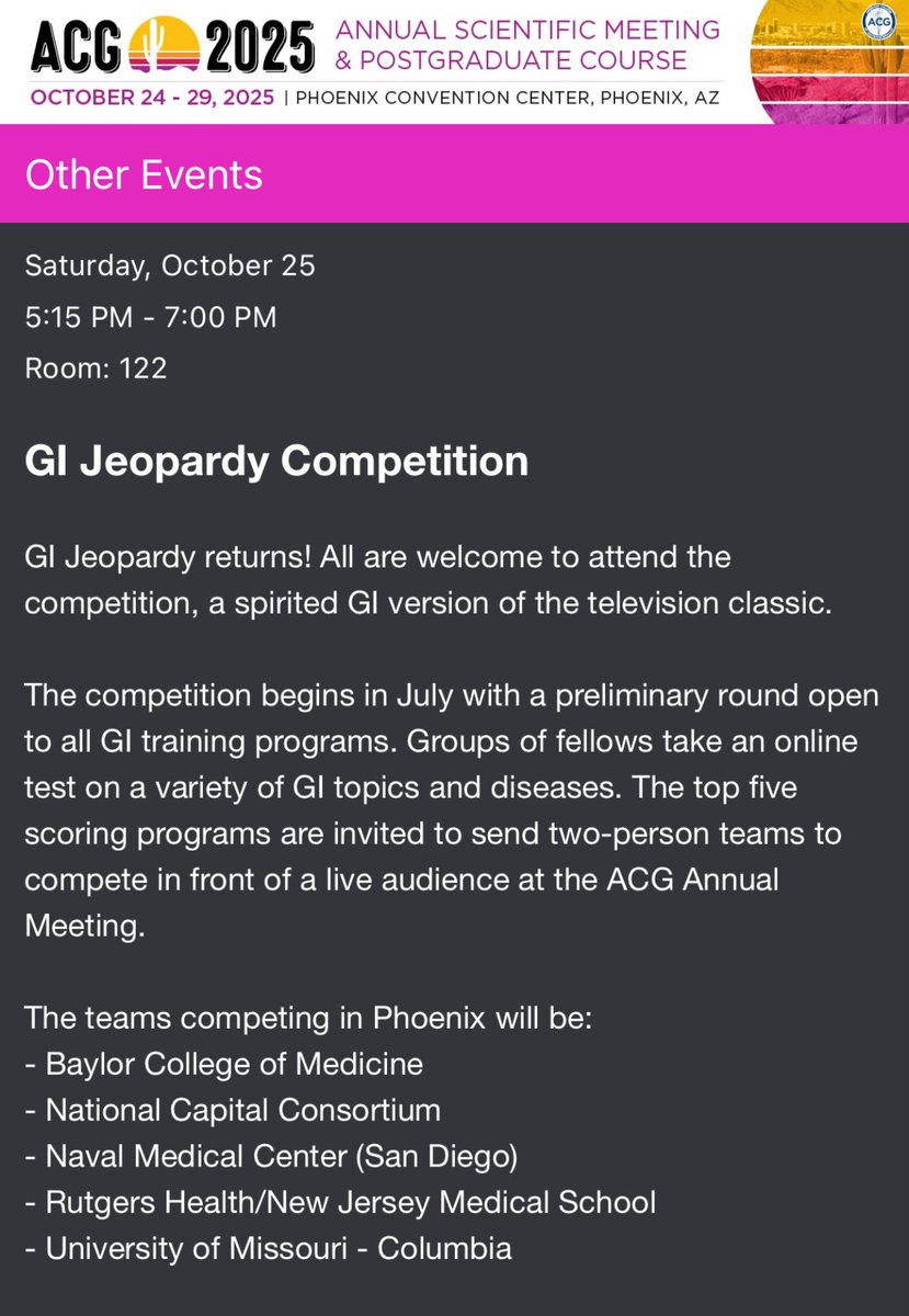 BilalMohammadMD's tweet image. T-30 mins 🛎️🛎️🛎️

The clash of the titans at #ACG2025 #GIJeopardy 

Which team will take home the 🏆

@AmCollegeGastro #FutureOfGI

Lets go 🔥🔥🔥

See you all there 🤩🤩

⏰ Room #122 - 5:15 PM