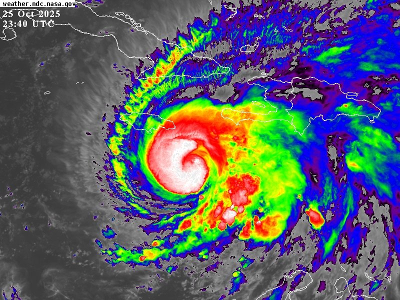 weatherjamaica's tweet image. Attention! Melissa has now strengthened to a Category 2 hurricane with maximum sustained winds of 100 mph. She is still moving slowly toward the west at 3 mph and remains on track to make landfall in Jamaica on Tuesday. Final preparations should be wrapping up right now.
