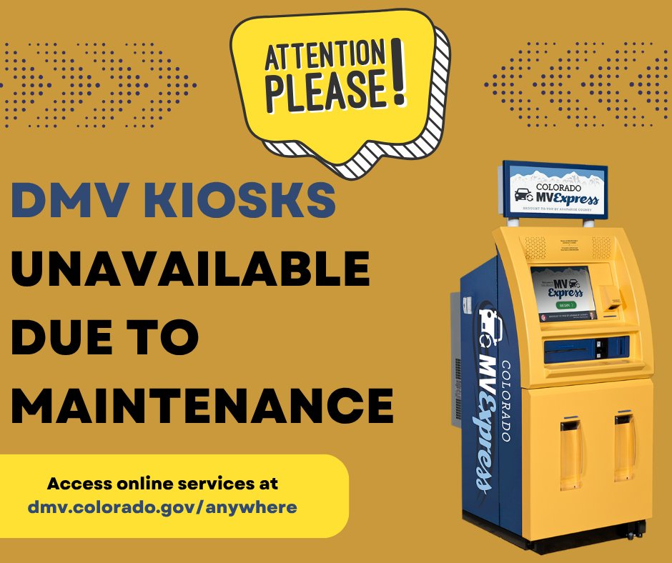 ⚠️ All DMV kiosks will be unavailable Sunday, October 26 from 4 to 8 a.m. for maintenance. 

#DMV #KioskMaintenance #PublicNotice #EPCDrives #ElPasoCountyClerk