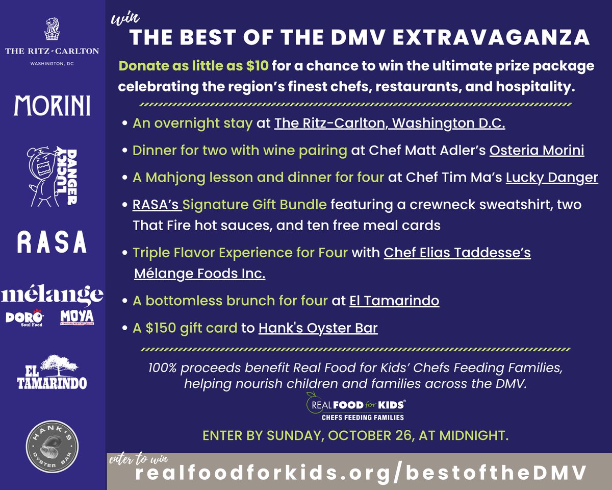 Experience the Best of the DMV! Win an incredible prize package featuring The Ritz-Carlton, <a href="/mattadler81/">Matthew Adler</a>'s Osteria Morini, Lucky Danger, RASA, Hank’s Oyster Bar, Mélange + El Tamarindo, while helping feed #DMV families.

Donate $10+ to enter by Oct 26: realfoodforkids.org/bestofthedmv