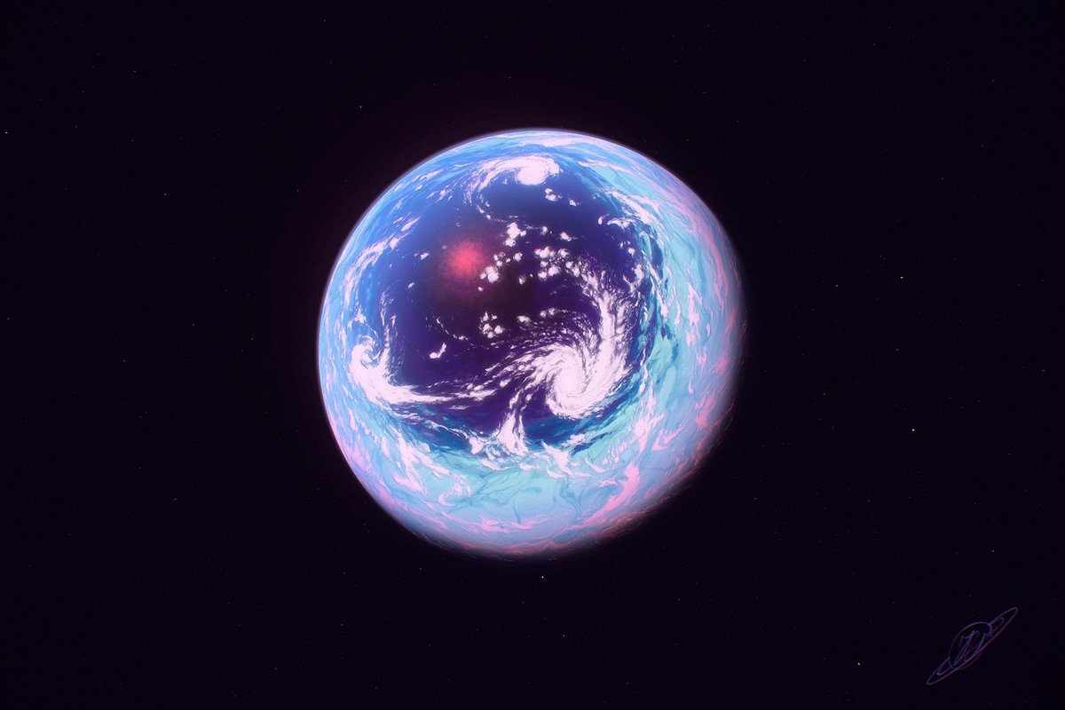 A quick painting of an eyeball planet orbiting a red dwarf star.