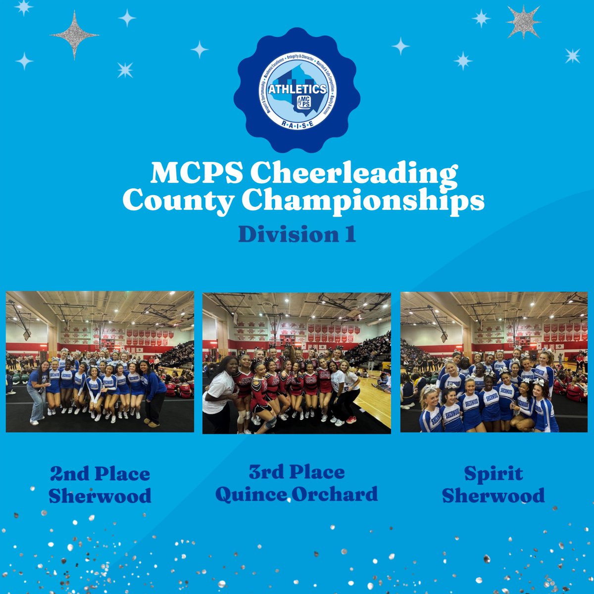MCPSAthletics's tweet image. The 2025 D1 County Cheerleading results, congrats to: 
Spirit - @WarriorResults 
3rd - @QOAthletics 
2nd - @WarriorResults 
@mcpsAD