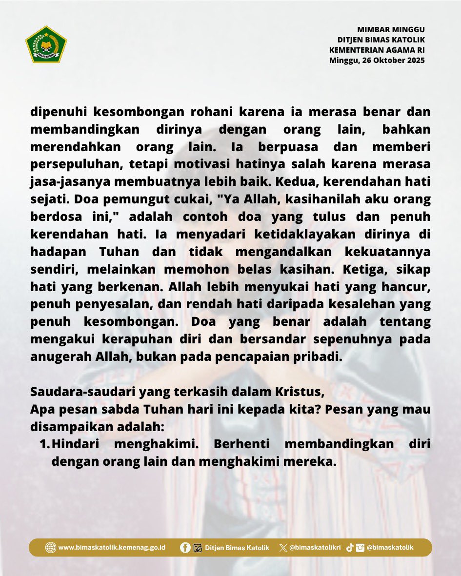 bimaskatolikri's tweet image. Melalui bacaan Injil hari ini, kita diajak untuk tidak menghakimi sesama, selalu mengandalkan Tuhan, dan menumbuhkan kerendahan hati dalam setiap karya pelayanan dan kehidupan sehari-hari.

#mimbarminggu 
#katolik