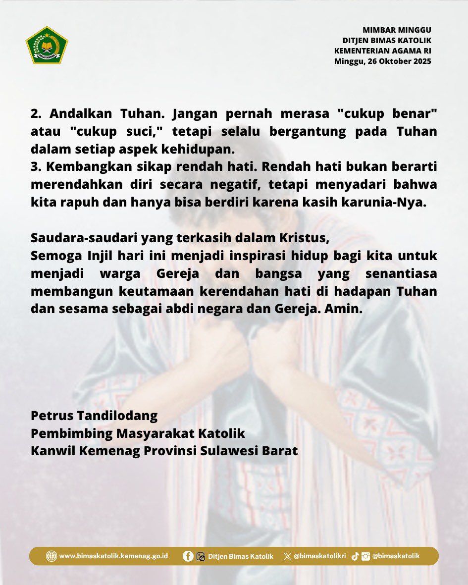 bimaskatolikri's tweet image. Melalui bacaan Injil hari ini, kita diajak untuk tidak menghakimi sesama, selalu mengandalkan Tuhan, dan menumbuhkan kerendahan hati dalam setiap karya pelayanan dan kehidupan sehari-hari.

#mimbarminggu 
#katolik
