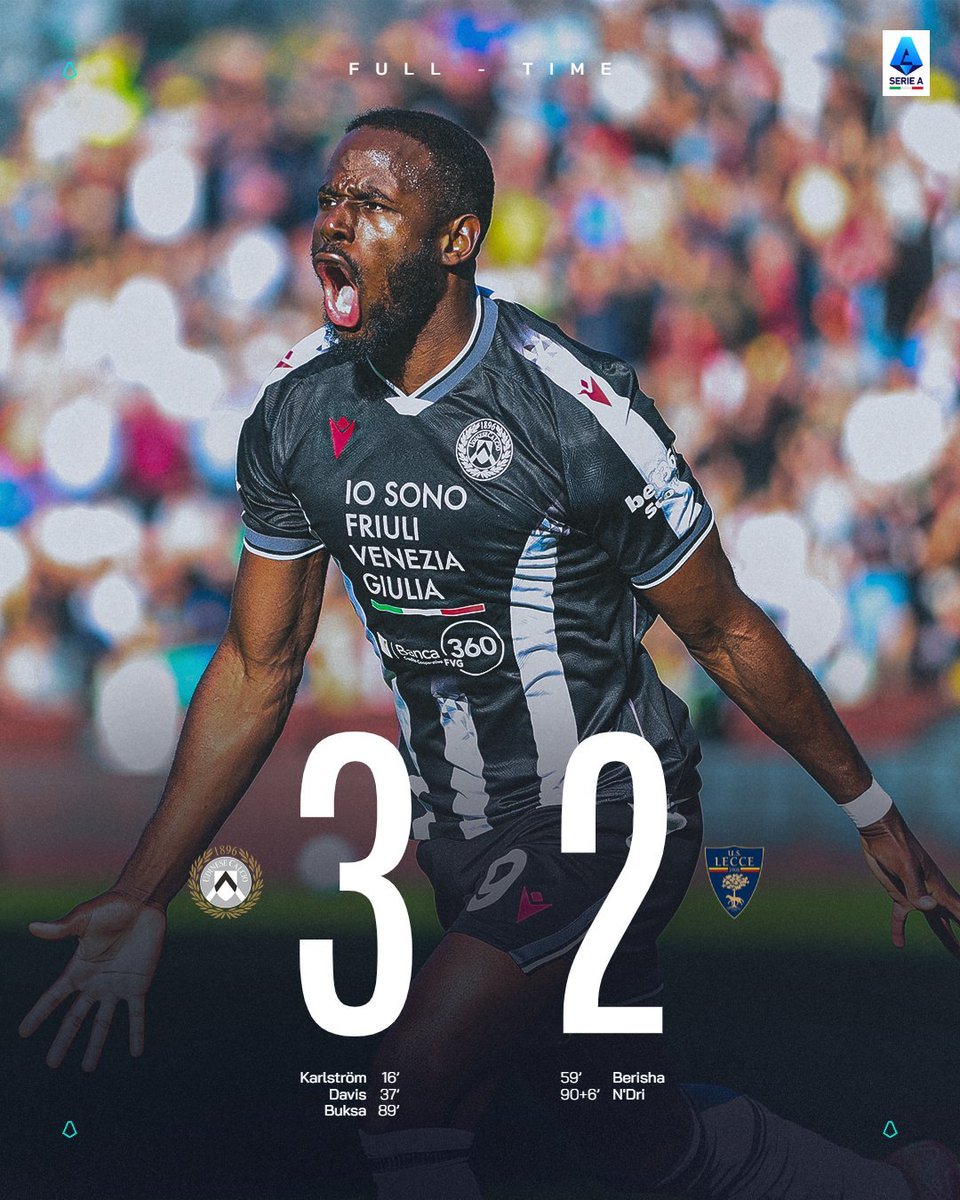nor_thing's tweet photo. Serie A (Italy) (Day 10)
Udinese 3 : 2 Lecce
⚽️16' J. Karlstrom (Udinese)
⚽️37' Keinan Davis (Udinese)
⚽️59' Medon Berisha (Lecce)
⚽️89' Adam Buksa (Udinese)
⚽️90+6' Konan N’Dri (Lecce)
#UDILEC #SerieA https://t.co/8dSORegror