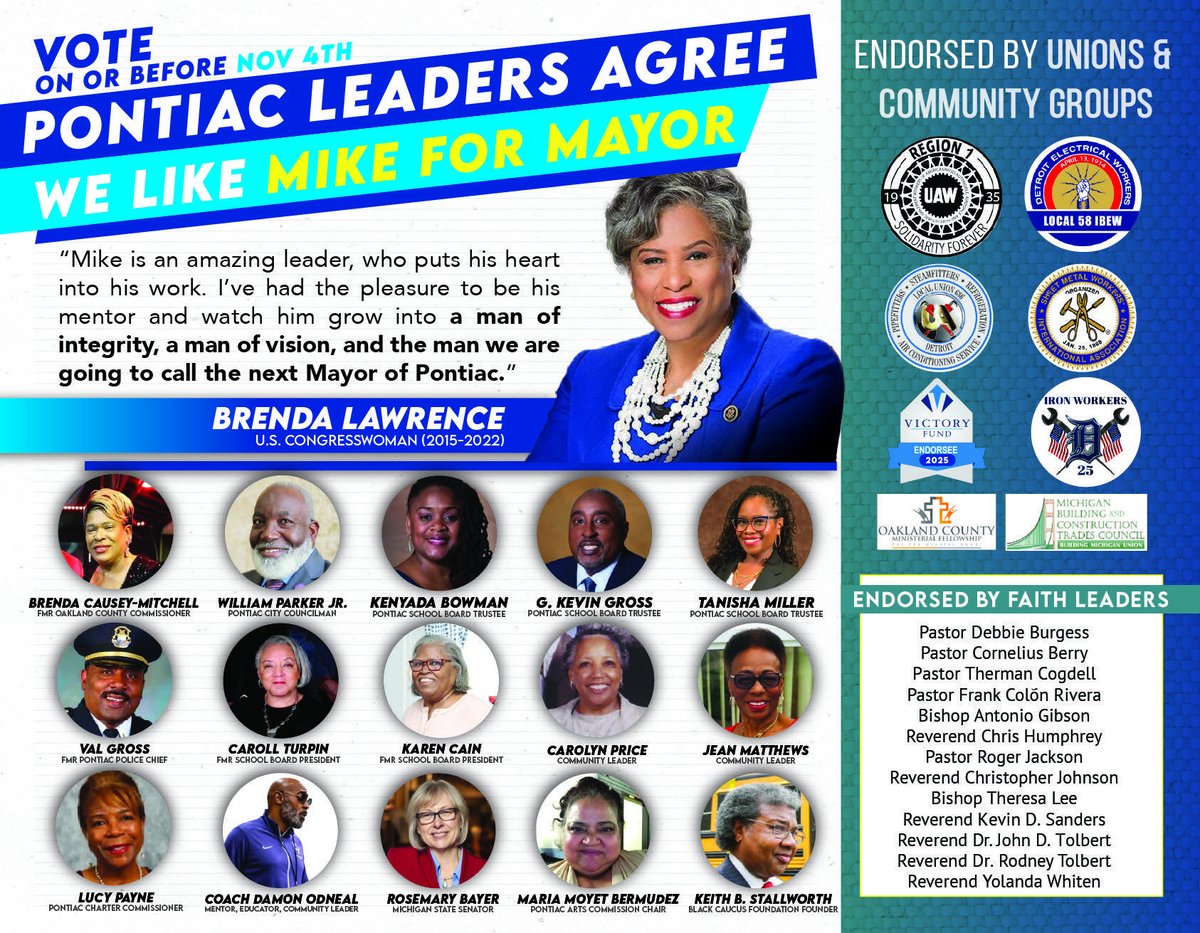 MikeMcGPontiac's tweet image. Dozens of Labor Unions and Community Leaders Agree: Let’s Vote Mike McGuinness for Mayor of Pontiac! #LetsGoPontiac #WeLikeMike