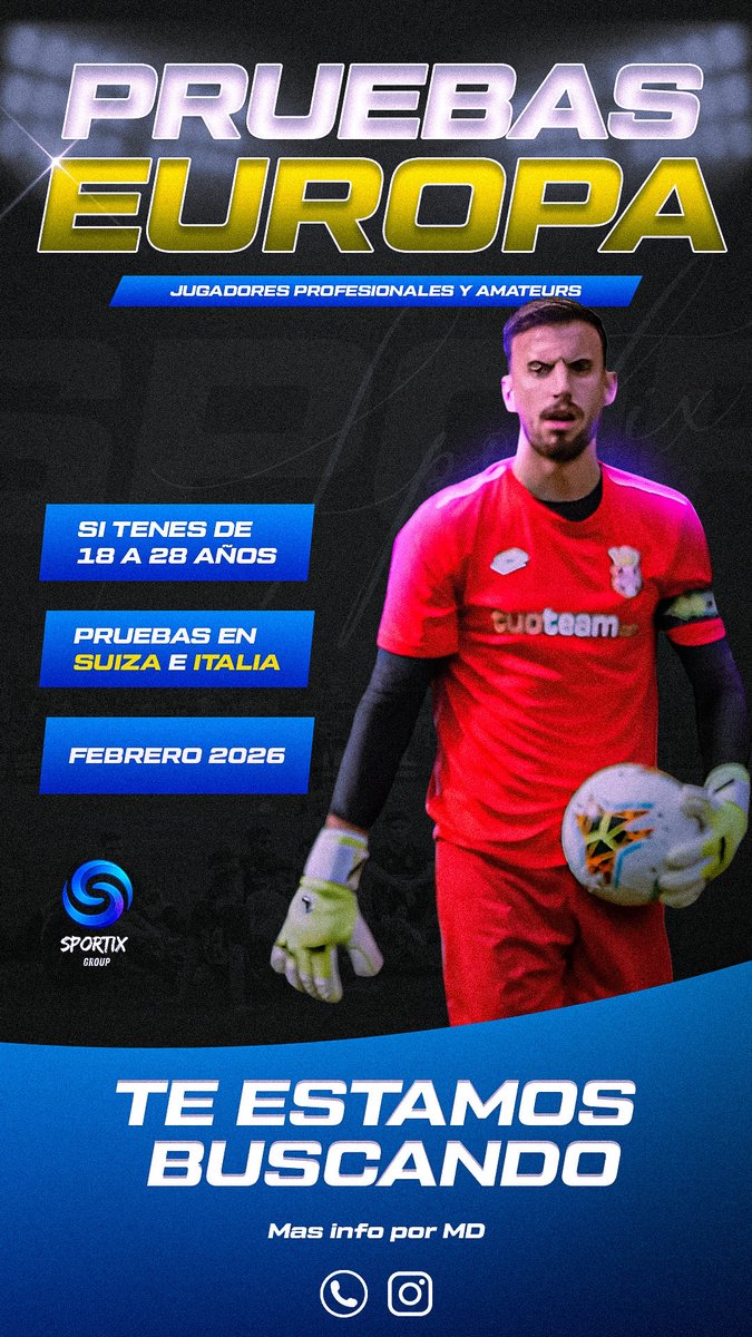 Desde 2017, transformamos sueños en realidades.  futbolistas que anhelan un cambio de vida, nuestras pruebas exclusivas en Suiza 🇨🇭 e Italia 🇮🇹 son la plataforma para el éxito.
Más que una simple prueba, es una oportunidad de oro. 💪⚽️