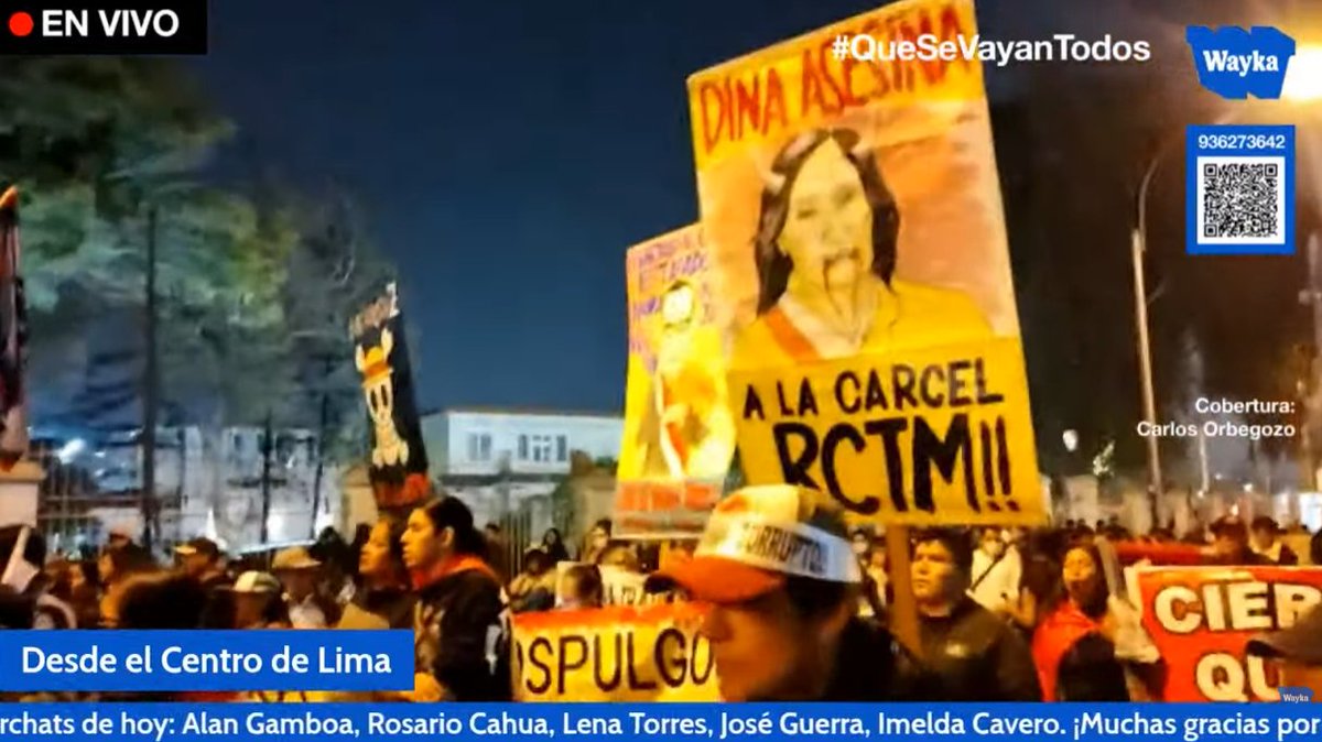 #QueSeVayanTodos  ¡Congreso y Jerí, la misma porquería! ¡Estado colonial, Estado policial!" gritan en las calles del Centro de Lima durante la jornada de protesta pacífica en rechazo al 'pacto mafioso' que aún no deroga las leyes procrimen.

En vivo: youtube.com/watch?v=b-NIEc…