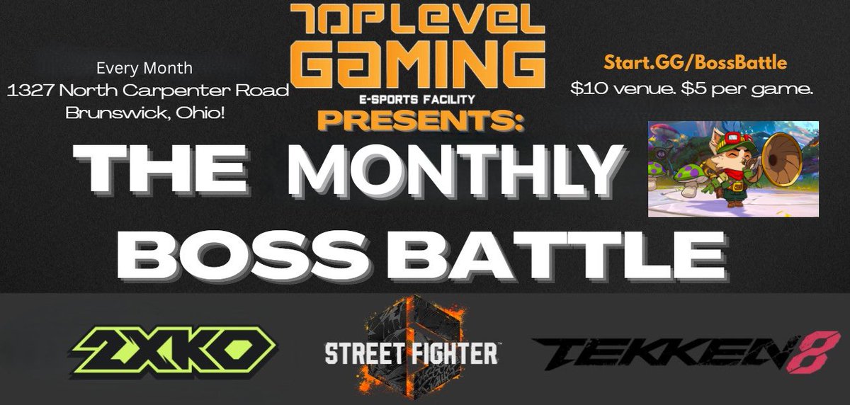 TopLevelGaming4's tweet photo. ATTENTION FIGHTING GAME PLAYERS!

We are turning our Bi-Weekly fighting game tournament into a MONTHLY!!

Our first monthly tournament will be on November 22nd! Register now HERE —> https://t.co/31q9fOEdrJ https://t.co/JOFitH3UCs