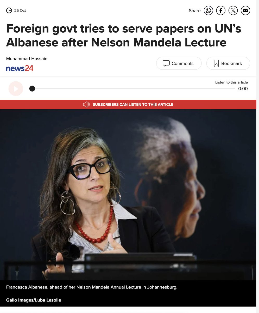 UNWatch's tweet image. .@News24: Francesca Albanese “visibly upset” after a foreign government tried to serve her with court papers after her lecture in Johannesburg. At her press conference, “Albanese was asked about the court papers and said that she did not want to talk about it and had no comment.”