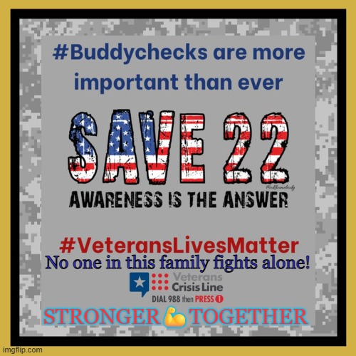 <a href="/okhomebody/">okhomebody</a> <a href="/AirMech1980/">Wesley Jones (USAF Retired)</a> <a href="/Mike04091780/">TSgt Mike</a> <a href="/roll_tide74/">Tim (RollTide74 🐘 ) 🇺🇸</a> <a href="/Ohiogabulldog/">Bill 🇺🇸🫡 🐶🏈🏆🏆</a> <a href="/MikeGoodlander/">🇺🇸🦅𝗠𝗶𝗸𝗲 𝗚. 𝗨𝗦𝗔𝗙 (𝐑𝐞𝐭)🦅🇺🇸</a> <a href="/JStancoff/">John Stancoff</a> <a href="/mgoodlanderUSAF/">MikeG USAF (Ret.)</a> 🇺🇸Please help us to reach out🇺🇸
🇺🇸By reposting all #BuddyChecks 🇺🇸
🇺🇸Together we can #EndVeteranSuicide 🇺🇸
🇺🇸🙏May God Bless All🙏🇺🇸
🇺🇸
🇺🇸👇Be sure to follow &amp; support👇🇺🇸
🇺🇸👉Charyl <a href="/okhomebody/">okhomebody</a> 👈🇺🇸
🇺🇸STRONGER💪TOGETHER🇺🇸