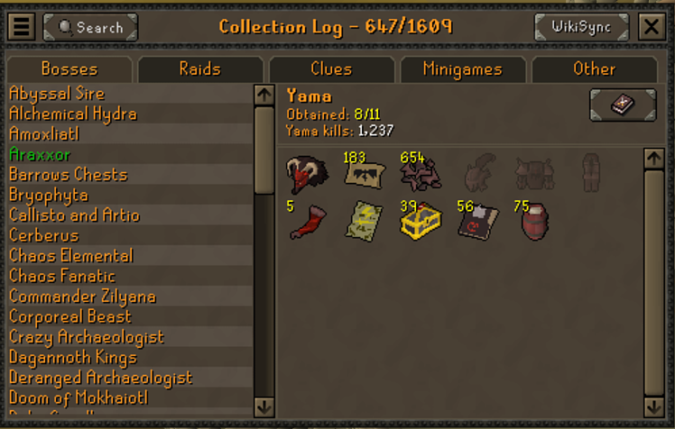 likely one of the most dryest Yama logs with oathplate. 1200 of these kills were solo, 37 of these have been heavy MvP kills. I'm 110% convinced Jagex has nerfed my rng as I also couldn't get anything on grid master after over 130 kills :)