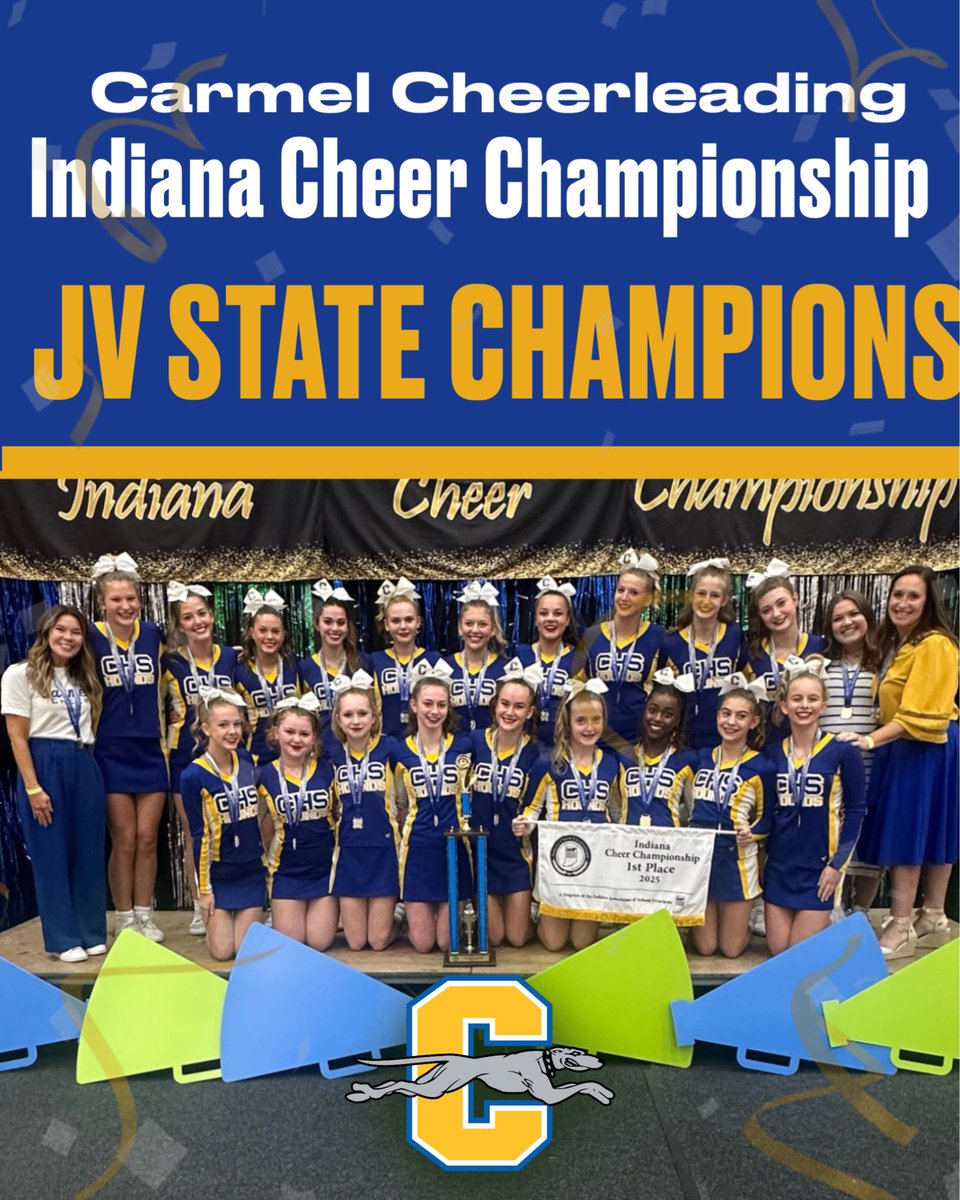 Congratulations to our JV team! STATE CHAMPIONS 🥇So proud of this team and all their hard work.  #POMS #GOT-PC #greyhoundnation #chscheer #gohounds #💙💛🤍 #cheerfamily #wholetthedogsout