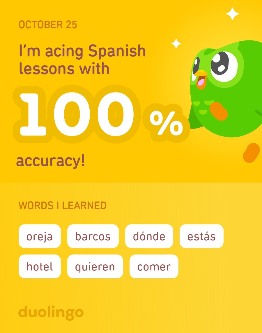 Deborum's tweet image. I’m learning Spanish on Duolingo! It’s free, fun, and effective.