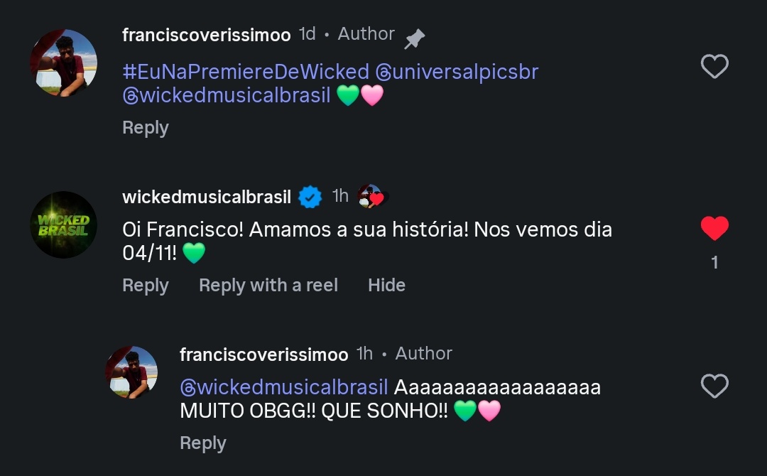 fvishere's tweet image. MEU DEUS, FUI CHAMADOOOO #EuNaPremiereDeWicked!! MUITO OBRIGADO A TODOS ME AJUDARAM E COMENTARAM NO INSTA @wickedmusicalbr @UniversalPicsBr MUITO OBRIGADOO 💚🩷
