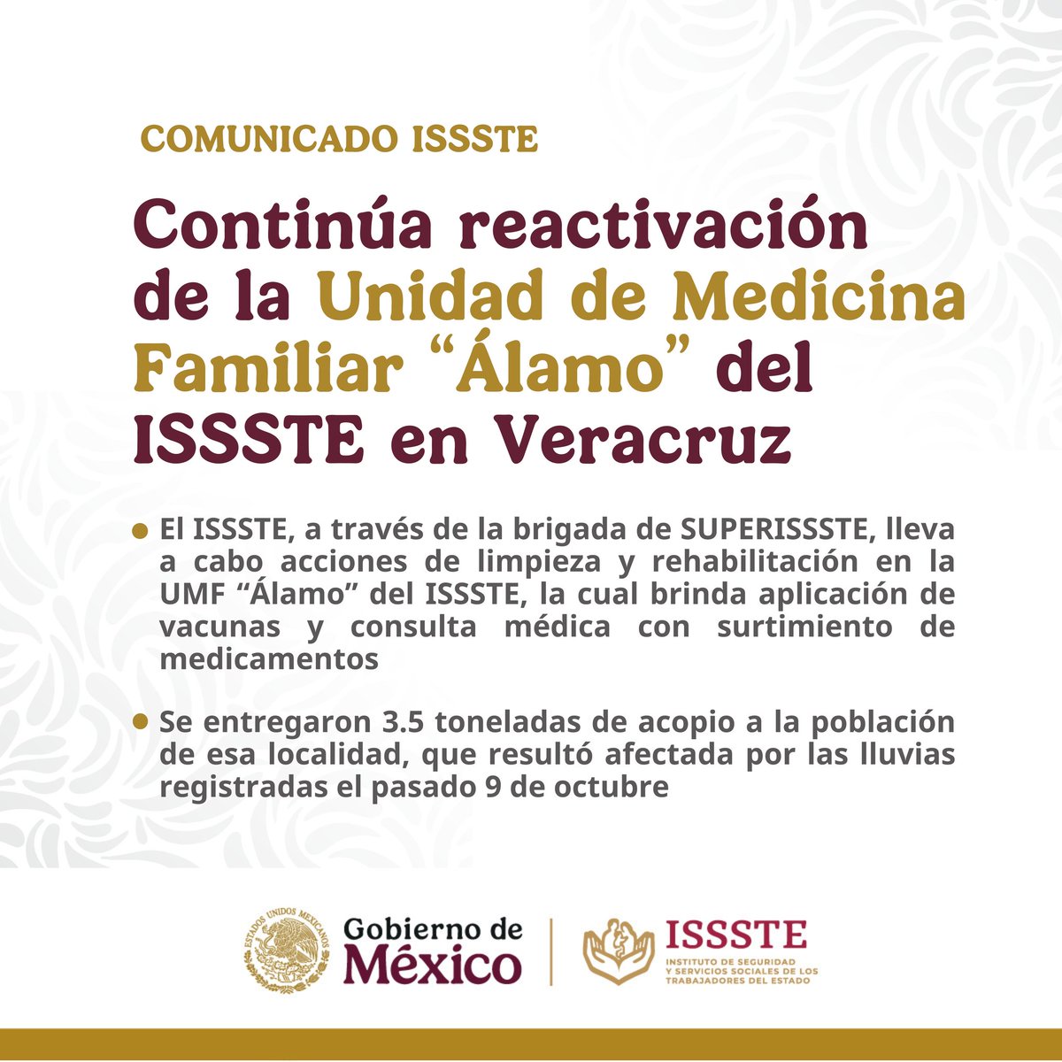 📰 #ComunicadoISSSTE | Por instrucciones del director general del #ISSSTE, <a href="/martibatres/">Martí Batres</a>, la directora de <a href="/TUSUPERISSSTE/">SUPERISSSTE</a>, <a href="/DuniaLudlow/">Dunia Ludlow</a>, organizó una brigada para contribuir en la reactivación de la Unidad de Medicina Familiar (UMF) “Álamo”, Veracruz, la cual brinda de momento