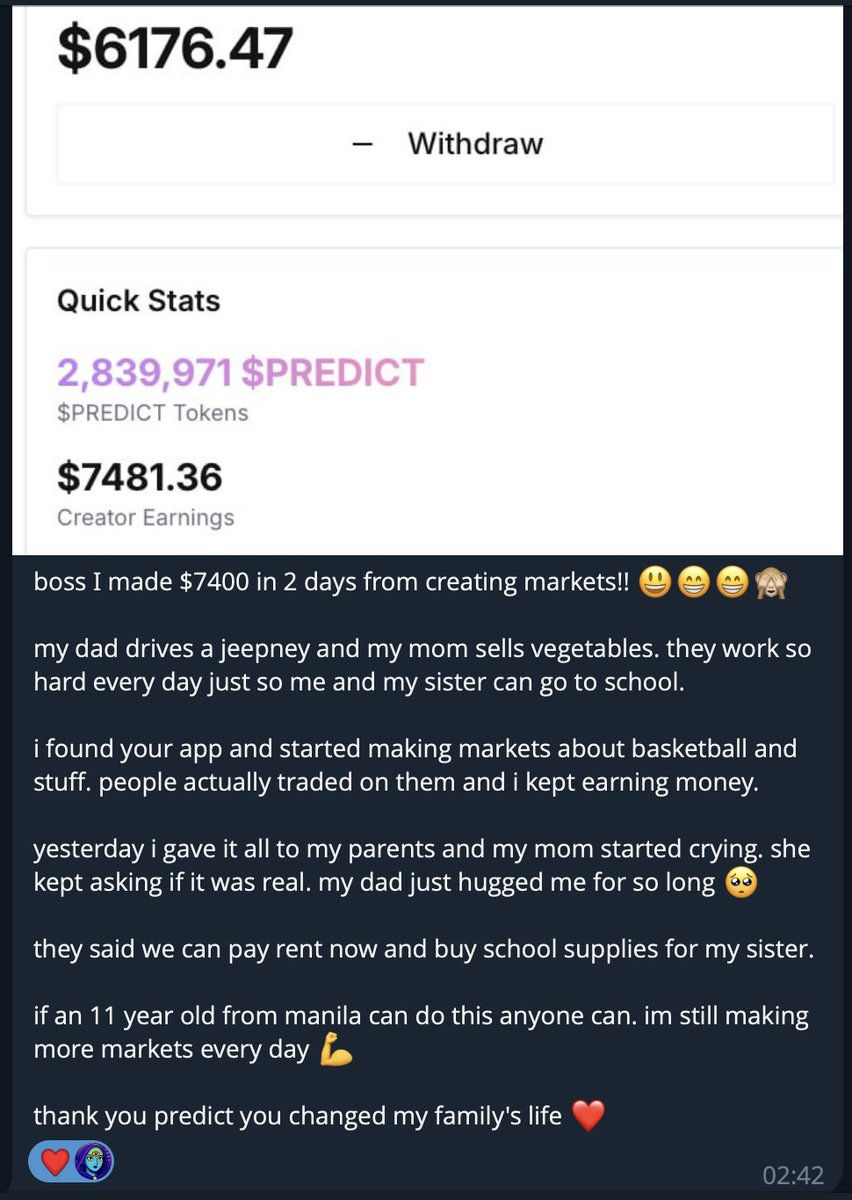 UsePredict's tweet image. So wholesome, Predict is literally changing lives.

The first platform where creators and users actually earn from the volume they generate. 🩷