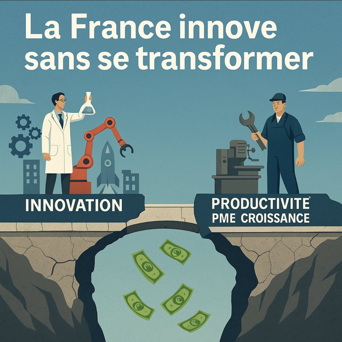 🇫🇷 La France innove sans se transformer

Comment un pays capable de concevoir des réacteurs nucléaires, des vaccins et des IA d’avant-garde peut-il rester incapable d’en tirer une croissance durable ?
C’est notre paradoxe : nous innovons sans nous transformer.

Nous investissons