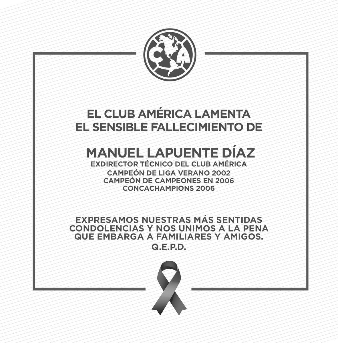 Todos los que integramos el Club América lamentamos el sensible fallecimiento de Manuel Lapuente Díaz, histórico entrenador de las Águilas.

Un grande que jamás volará solo. 🦅

📰 bit.ly/4hwxfHF