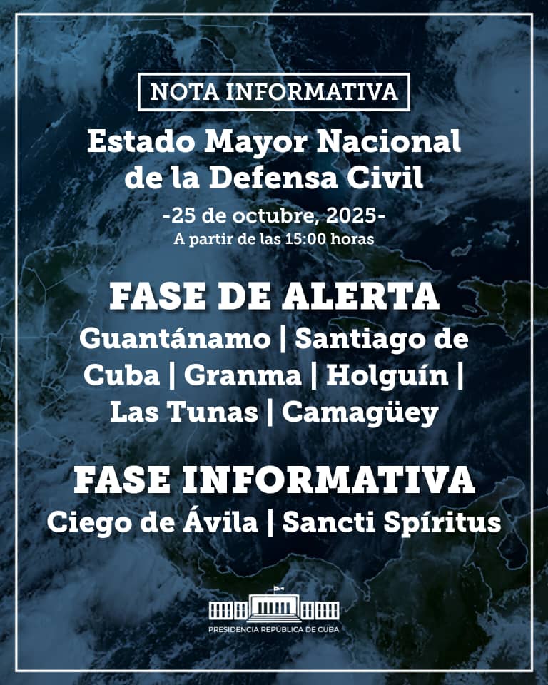 📣Nota informativa de Estado Mayor de la <a href="/CubaCivil/">Defensa Civil Cuba</a> 
#PreparadosYAlertas
#TTMelissa